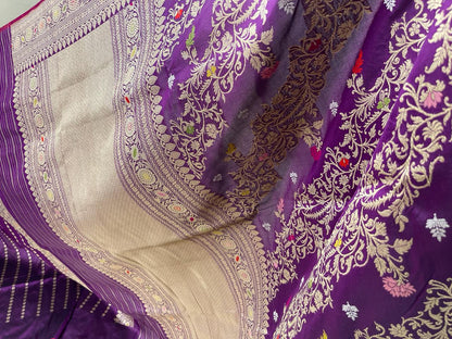 Faishana Pure Handloom Purple Katan Silk Diagonal Kadhwa Zari Floral Booti Jangla Jaal and Kadhwa Pallu with Purple Stripe Blouse