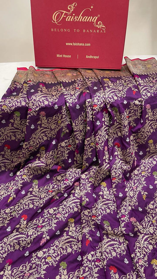 Faishana Pure Handloom Purple Katan Silk Diagonal Kadhwa Zari Floral Booti Jangla Jaal and Kadhwa Pallu with Purple Stripe Blouse