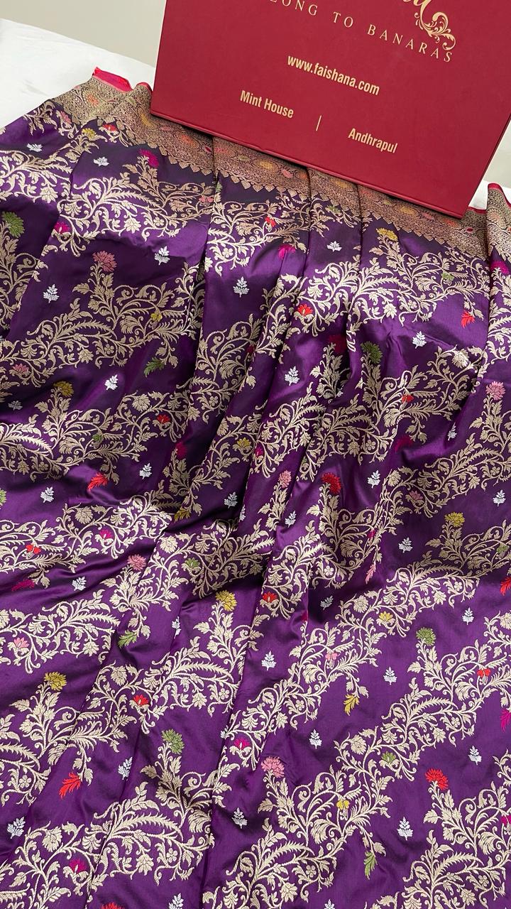 Faishana Pure Handloom Purple Katan Silk Diagonal Kadhwa Zari Floral Booti Jangla Jaal and Kadhwa Pallu with Purple Stripe Blouse