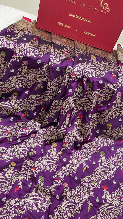 Faishana Pure Handloom Purple Katan Silk Diagonal Kadhwa Zari Floral Booti Jangla Jaal and Kadhwa Pallu with Purple Stripe Blouse