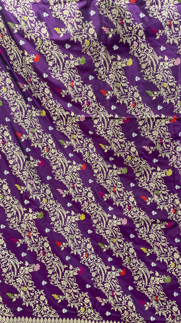 Faishana Pure Handloom Purple Katan Silk Diagonal Kadhwa Zari Floral Booti Jangla Jaal and Kadhwa Pallu with Purple Stripe Blouse