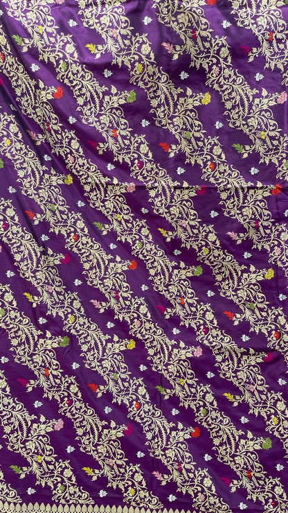 Faishana Pure Handloom Purple Katan Silk Diagonal Kadhwa Zari Floral Booti Jangla Jaal and Kadhwa Pallu with Purple Stripe Blouse