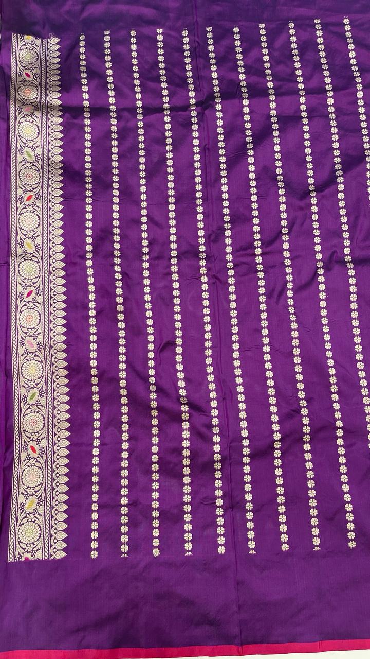 Faishana Pure Handloom Purple Katan Silk Diagonal Kadhwa Zari Floral Booti Jangla Jaal and Kadhwa Pallu with Purple Stripe Blouse
