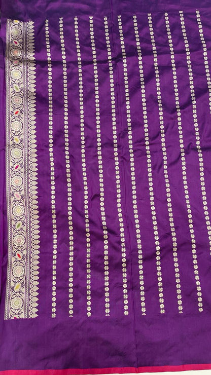 Faishana Pure Handloom Purple Katan Silk Diagonal Kadhwa Zari Floral Booti Jangla Jaal and Kadhwa Pallu with Purple Stripe Blouse