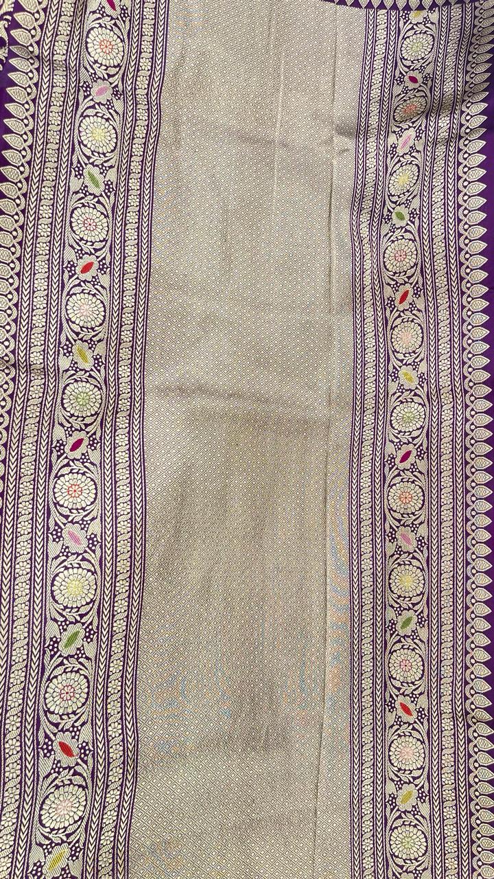 Faishana Pure Handloom Purple Katan Silk Diagonal Kadhwa Zari Floral Booti Jangla Jaal and Kadhwa Pallu with Purple Stripe Blouse