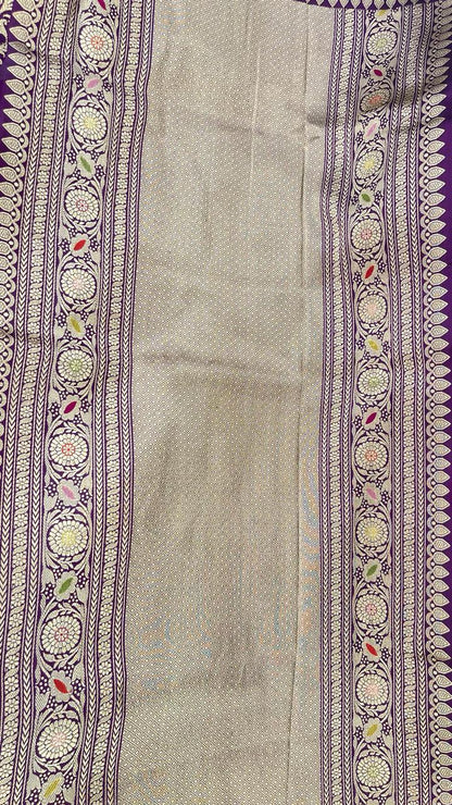 Faishana Pure Handloom Purple Katan Silk Diagonal Kadhwa Zari Floral Booti Jangla Jaal and Kadhwa Pallu with Purple Stripe Blouse
