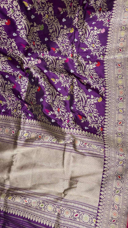 Faishana Pure Handloom Purple Katan Silk Diagonal Kadhwa Zari Floral Booti Jangla Jaal and Kadhwa Pallu with Purple Stripe Blouse