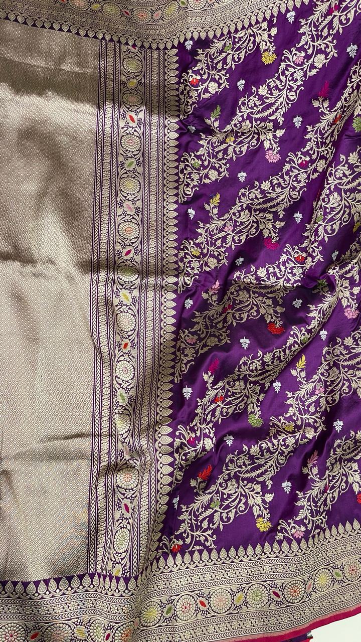 Faishana Pure Handloom Purple Katan Silk Diagonal Kadhwa Zari Floral Booti Jangla Jaal and Kadhwa Pallu with Purple Stripe Blouse