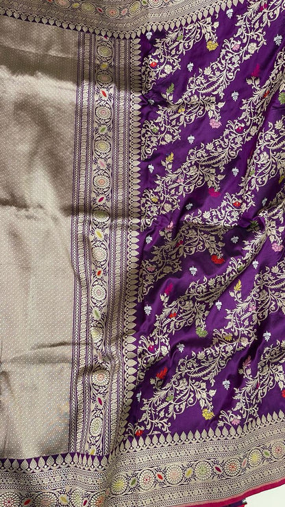 Faishana Pure Handloom Purple Katan Silk Diagonal Kadhwa Zari Floral Booti Jangla Jaal and Kadhwa Pallu with Purple Stripe Blouse