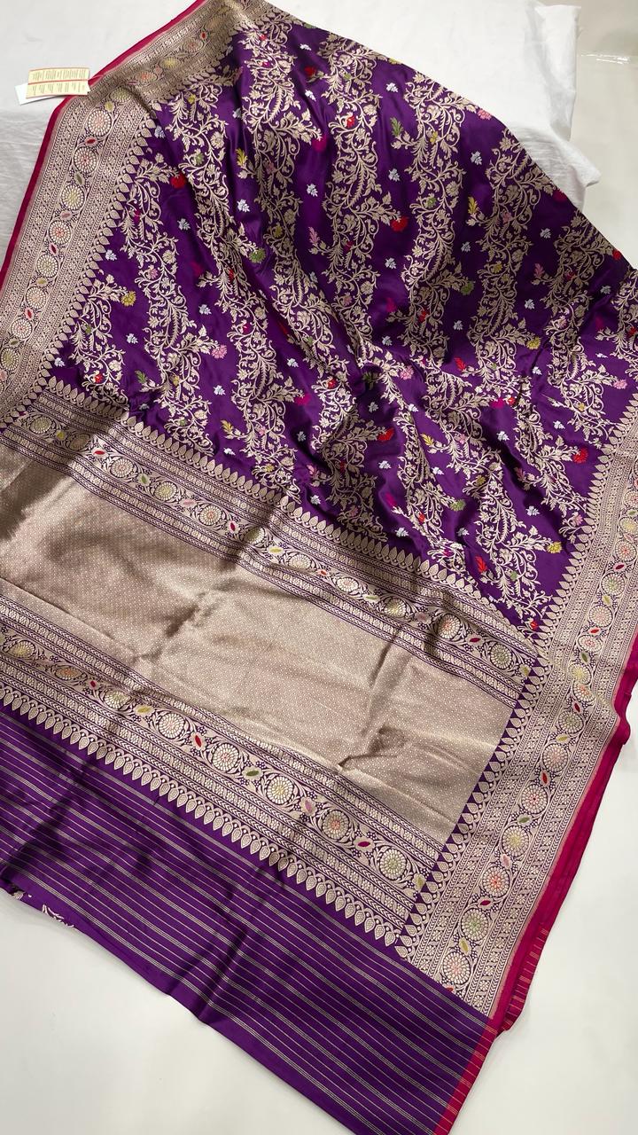 Faishana Pure Handloom Purple Katan Silk Diagonal Kadhwa Zari Floral Booti Jangla Jaal and Kadhwa Pallu with Purple Stripe Blouse