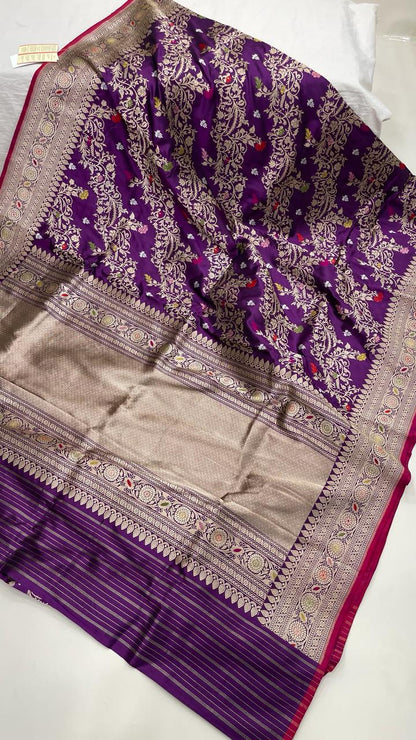 Faishana Pure Handloom Purple Katan Silk Diagonal Kadhwa Zari Floral Booti Jangla Jaal and Kadhwa Pallu with Purple Stripe Blouse