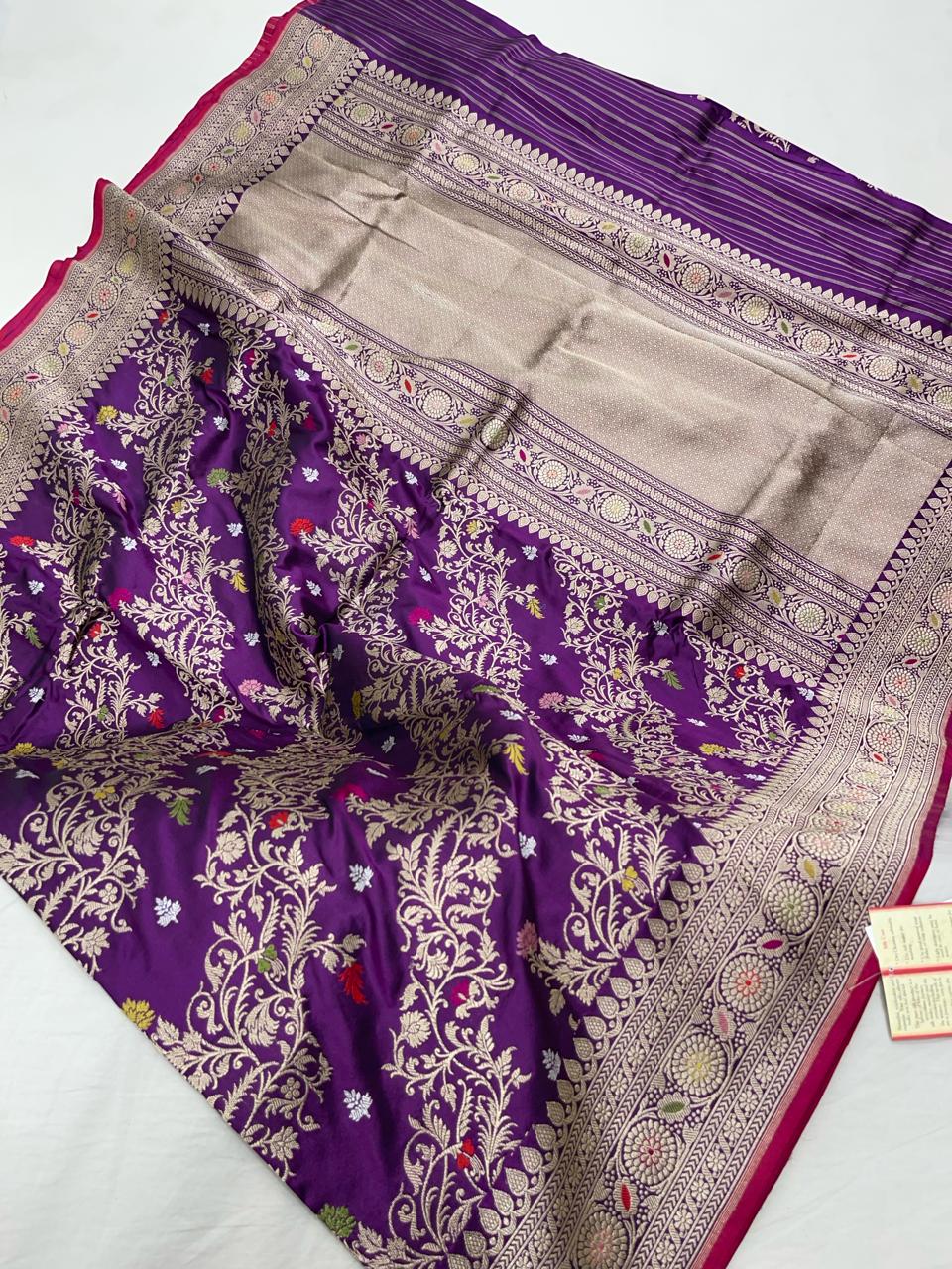 Faishana Pure Handloom Purple Katan Silk Diagonal Kadhwa Zari Floral Booti Jangla Jaal and Kadhwa Pallu with Purple Stripe Blouse