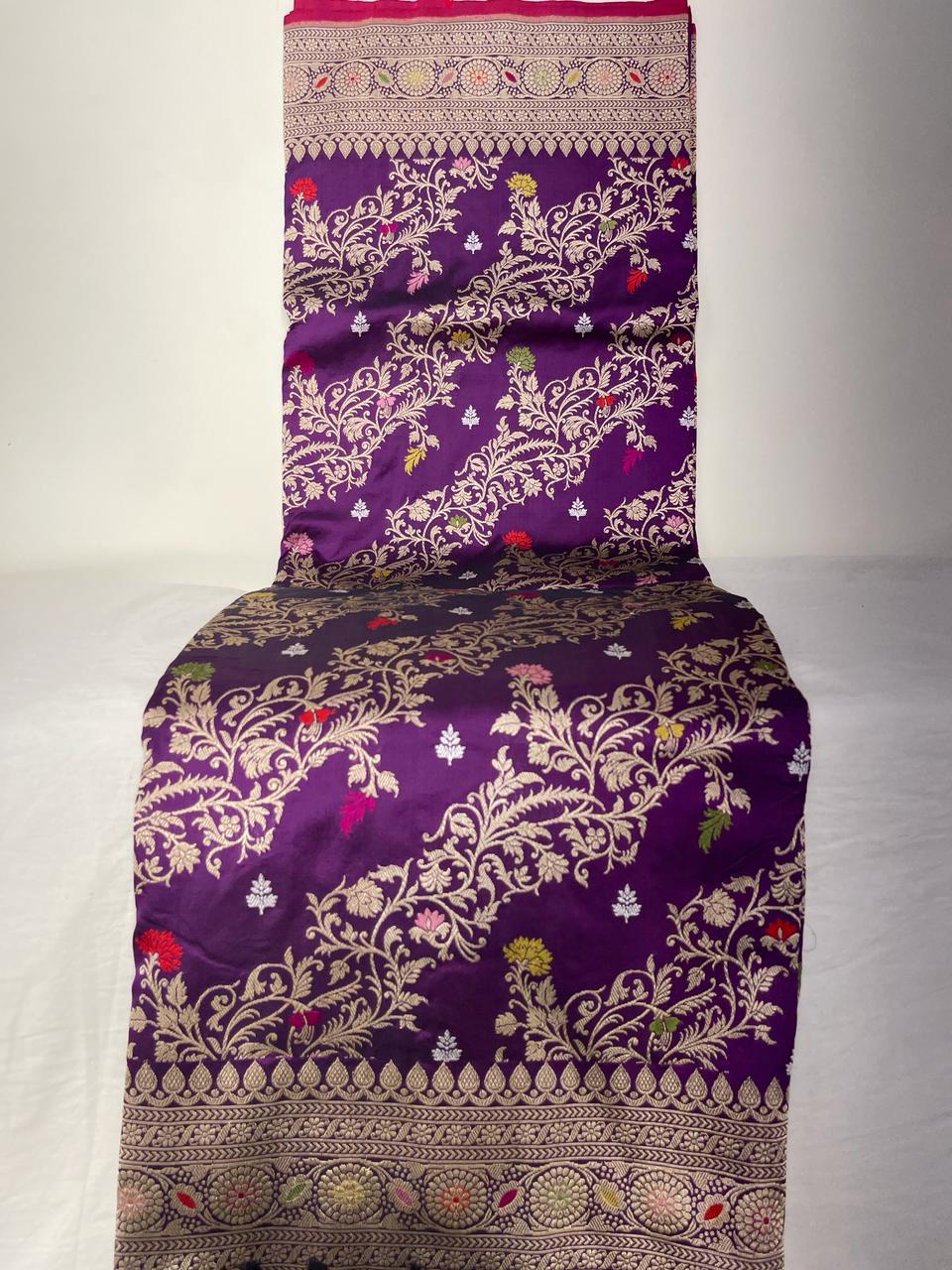 Faishana Pure Handloom Purple Katan Silk Diagonal Kadhwa Zari Floral Booti Jangla Jaal and Kadhwa Pallu with Purple Stripe Blouse