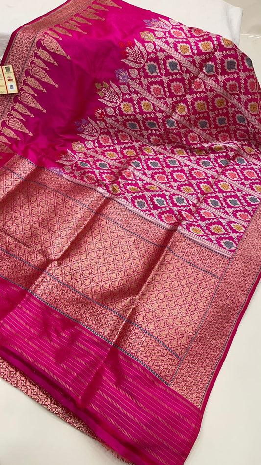 Faishana Presents Pure Handloom Katan Silk Pink Kadhwa Tilfi Meenakari Stripe Jaal Kadhwa Border and Pink Blouse Saree