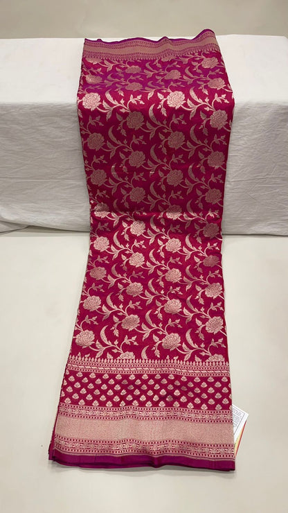 Faishana Pure Silk Handloom Magenta Uppada Light Gold Kadhwa Floral Zari Jaal with Kadhwa weave Pallu Border and Magenta Kadhwa Blouse Saree