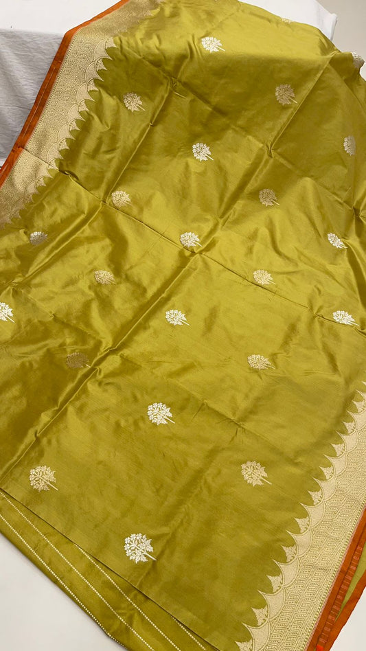 Faishana Pure Silk Handloom Katan Silk Olive Green Kadhwa Floral Booti with Kadhwa Zari Border and Olive Green Stripe Blouse