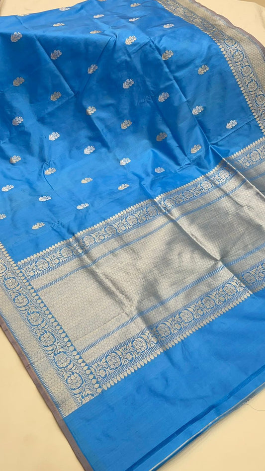Faishana Pure Handloom  Sky Blue Katan Silk Kadhwa Sona Rupa Booti with Kadhwa Anchal Zari border and Sky Blue Blouse