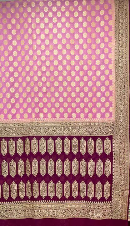 Radiant Threads: Faishana's Pure Silk Handloom Pink Khaddi Georgette Kadhwa Zari Booti Adorned in Kadhwa Magenta Pallu & Blouse