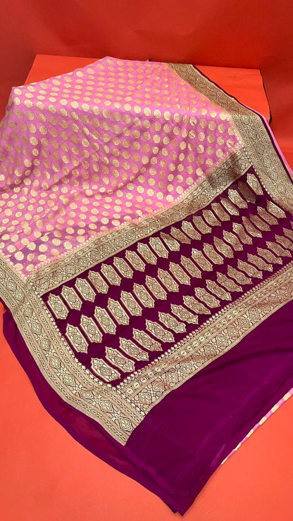 Radiant Threads: Faishana's Pure Silk Handloom Pink Khaddi Georgette Kadhwa Zari Booti Adorned in Kadhwa Magenta Pallu & Blouse