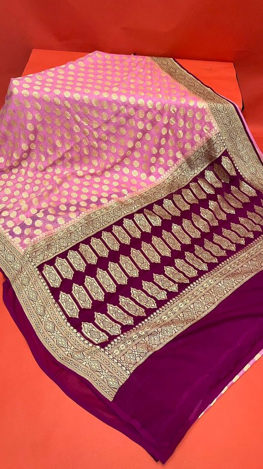 Radiant Threads: Faishana's Pure Silk Handloom Pink Khaddi Georgette Kadhwa Zari Booti Adorned in Kadhwa Magenta Pallu & Blouse