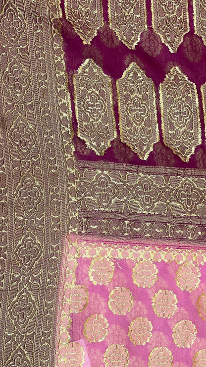 Radiant Threads: Faishana's Pure Silk Handloom Pink Khaddi Georgette Kadhwa Zari Booti Adorned in Kadhwa Magenta Pallu & Blouse