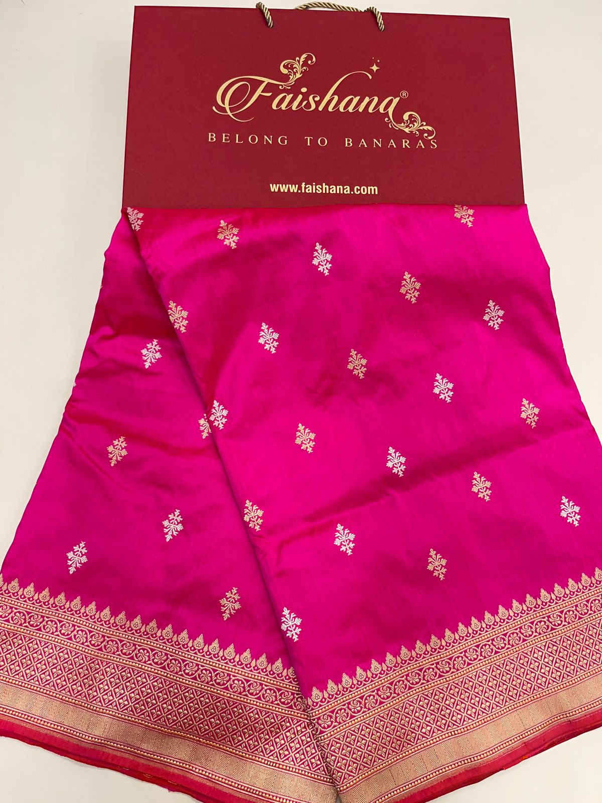 Faishana Pure Silk Handloom Pink Katan Silk Sona Rupa Swastik Kadhwa Booti with Kadhwa Border and Pink Stripe Blouse