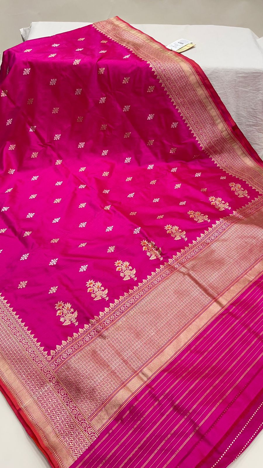 Faishana Pure Silk Handloom Pink Katan Silk Sona Rupa Swastik Kadhwa Booti with Kadhwa Border and Pink Stripe Blouse