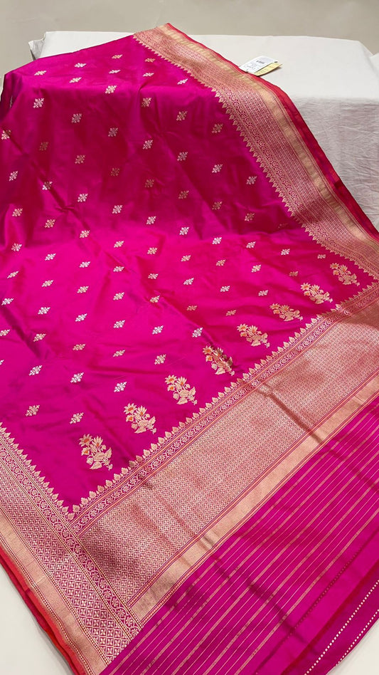 Faishana Pure Silk Handloom Pink Katan Silk Sona Rupa Swastik Kadhwa Booti with Kadhwa Border and Pink Stripe Blouse