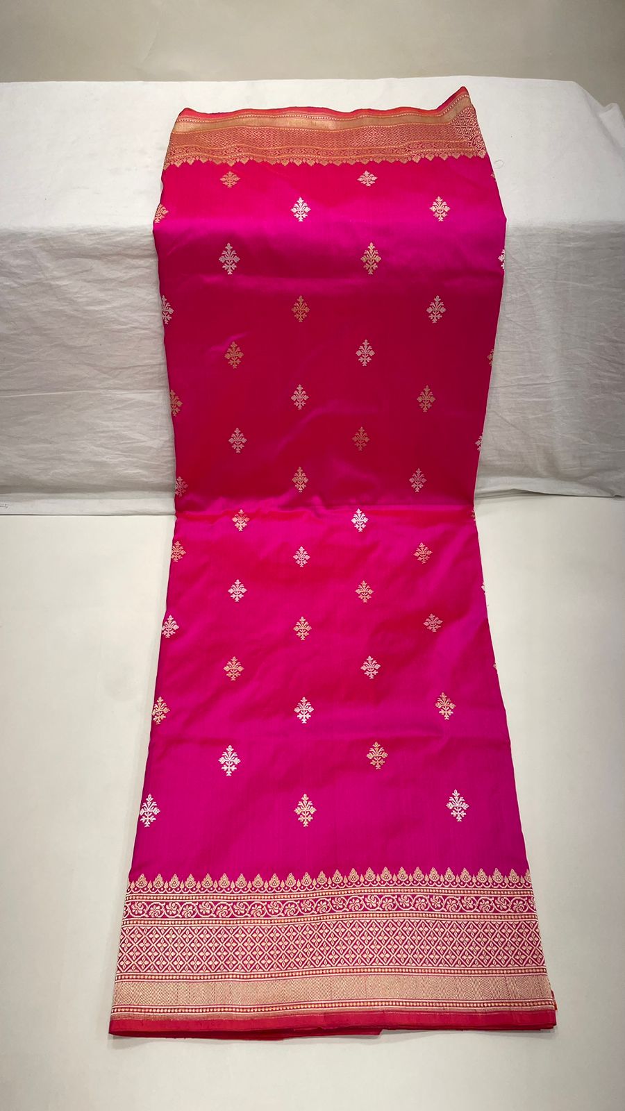 Faishana Pure Silk Handloom Pink Katan Silk Sona Rupa Swastik Kadhwa Booti with Kadhwa Border and Pink Stripe Blouse