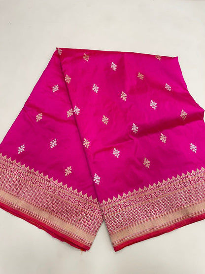 Faishana Pure Silk Handloom Pink Katan Silk Sona Rupa Swastik Kadhwa Booti with Kadhwa Border and Pink Stripe Blouse