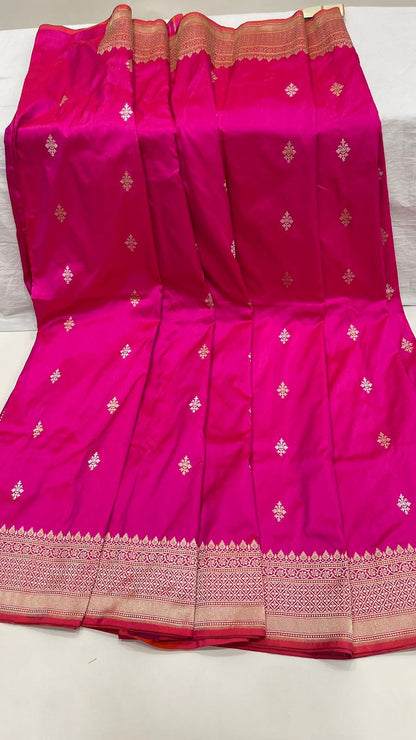 Faishana Pure Silk Handloom Pink Katan Silk Sona Rupa Swastik Kadhwa Booti with Kadhwa Border and Pink Stripe Blouse