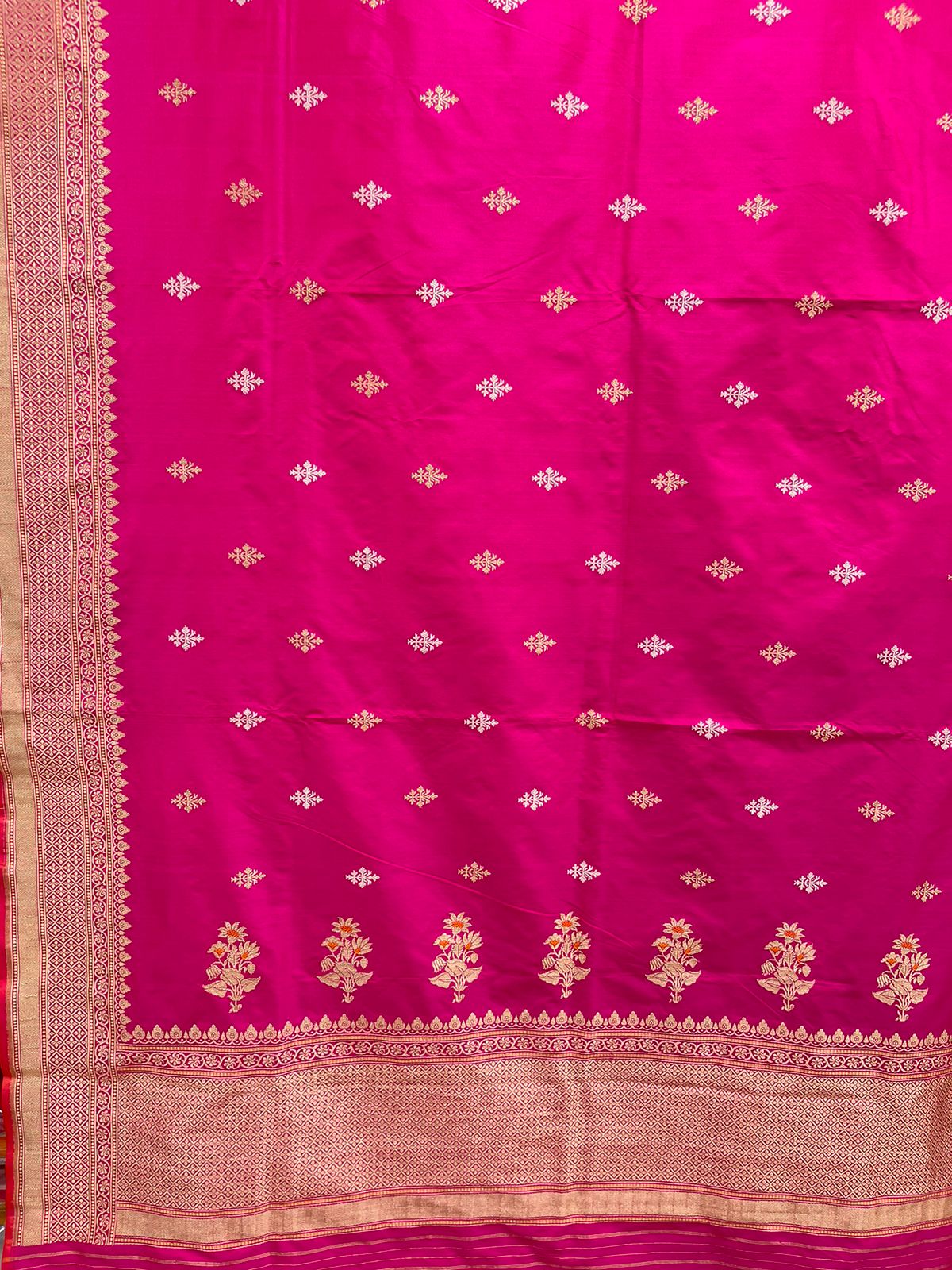 Faishana Pure Silk Handloom Pink Katan Silk Sona Rupa Swastik Kadhwa Booti with Kadhwa Border and Pink Stripe Blouse
