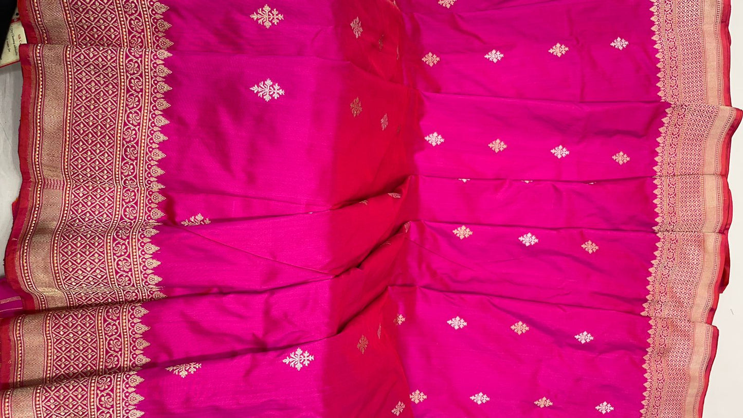 Faishana Pure Silk Handloom Pink Katan Silk Sona Rupa Swastik Kadhwa Booti with Kadhwa Border and Pink Stripe Blouse