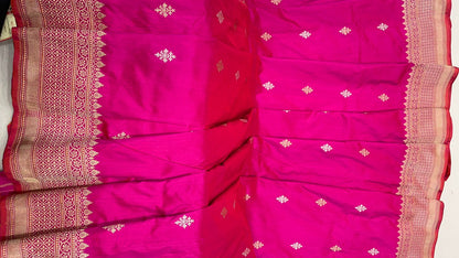Faishana Pure Silk Handloom Pink Katan Silk Sona Rupa Swastik Kadhwa Booti with Kadhwa Border and Pink Stripe Blouse