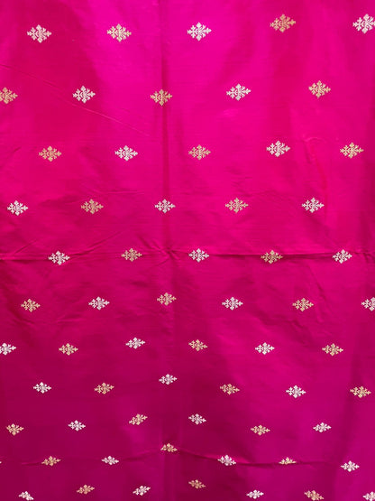 Faishana Pure Silk Handloom Pink Katan Silk Sona Rupa Swastik Kadhwa Booti with Kadhwa Border and Pink Stripe Blouse