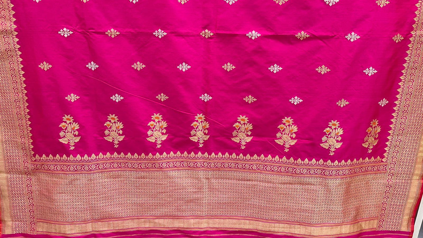 Faishana Pure Silk Handloom Pink Katan Silk Sona Rupa Swastik Kadhwa Booti with Kadhwa Border and Pink Stripe Blouse