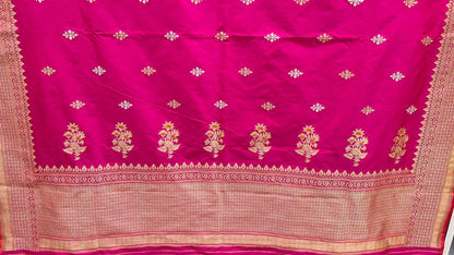 Faishana Pure Silk Handloom Pink Katan Silk Sona Rupa Swastik Kadhwa Booti with Kadhwa Border and Pink Stripe Blouse