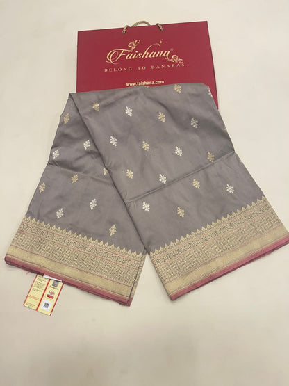Faishana Pure Handloom Grey Saree with Swastik Gold and Silver Booti Kadhwa Zari Border and Grey Blouse