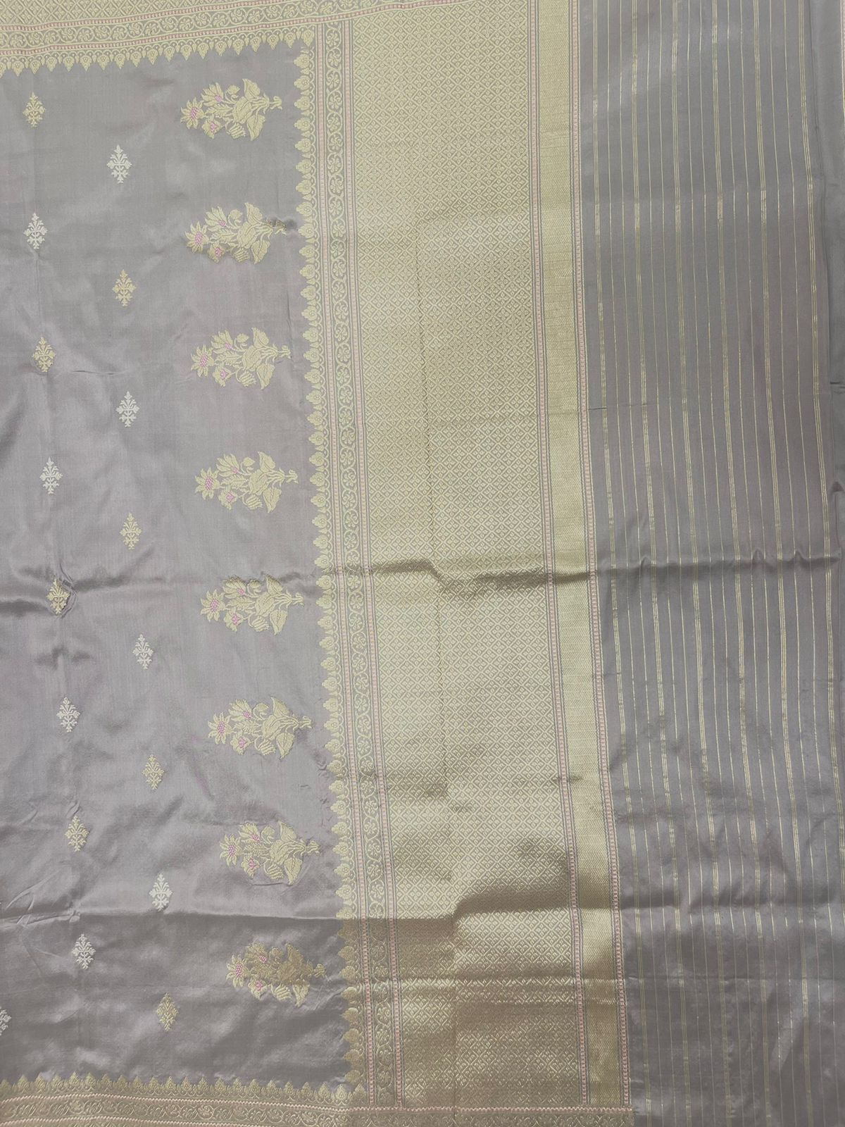 Faishana Pure Handloom Grey Saree with Swastik Gold and Silver Booti Kadhwa Zari Border and Grey Blouse
