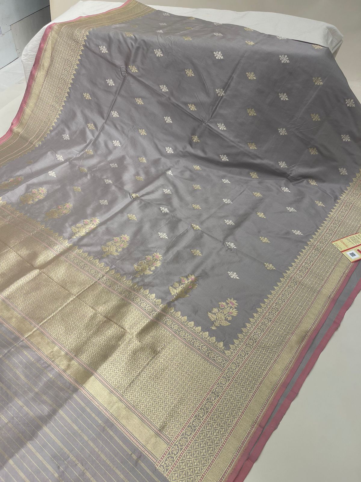 Faishana Pure Handloom Grey Saree with Swastik Gold and Silver Booti Kadhwa Zari Border and Grey Blouse