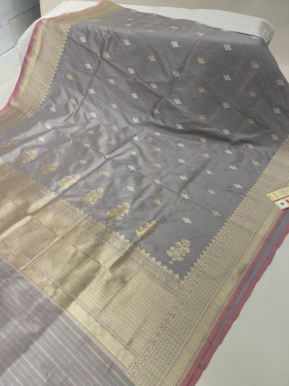 Faishana Pure Handloom Grey Saree with Swastik Gold and Silver Booti Kadhwa Zari Border and Grey Blouse