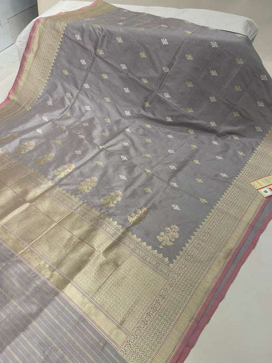 Faishana Pure Handloom Grey Saree with Swastik Gold and Silver Booti Kadhwa Zari Border and Grey Blouse