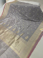 Faishana Pure Handloom Grey Saree with Swastik Gold and Silver Booti Kadhwa Zari Border and Grey Blouse