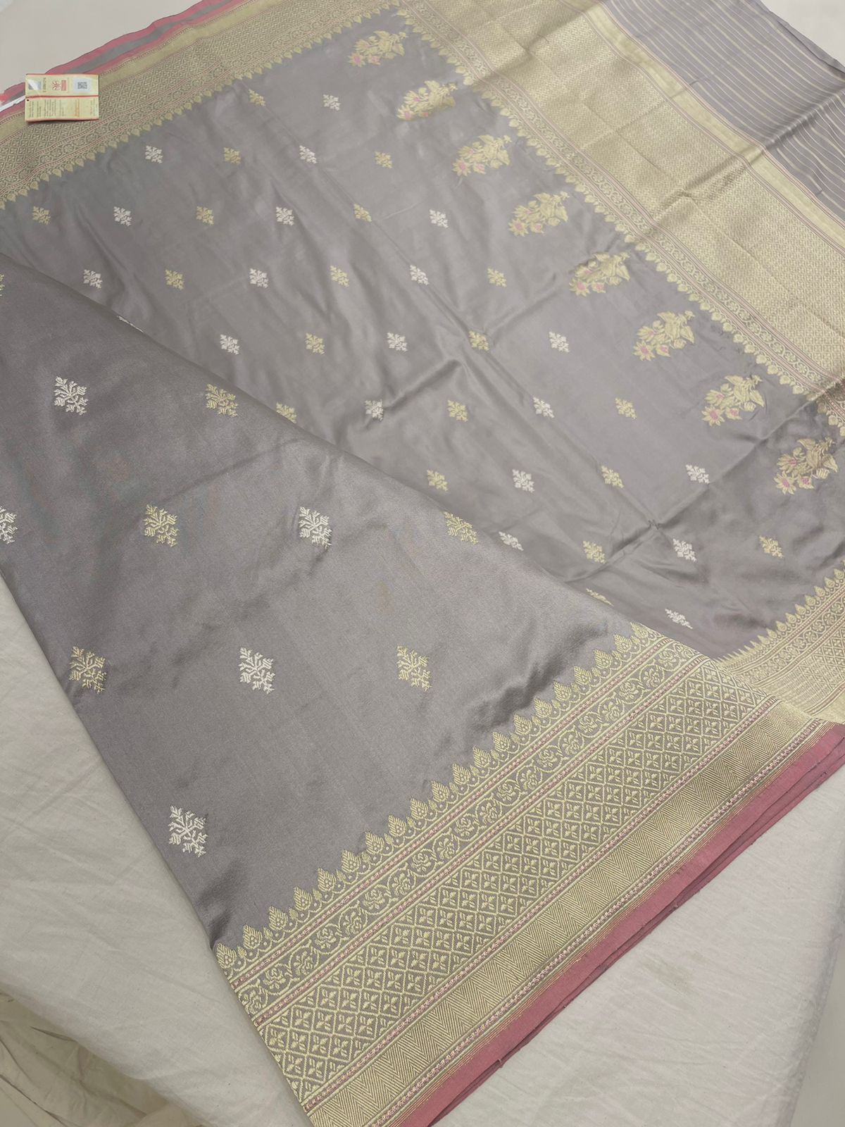 Faishana Pure Handloom Grey Saree with Swastik Gold and Silver Booti Kadhwa Zari Border and Grey Blouse
