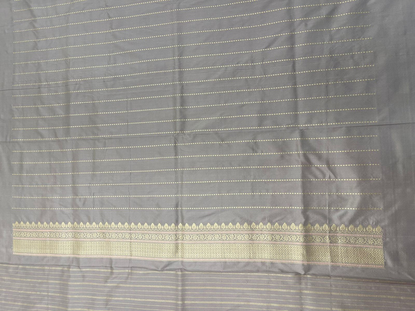 Faishana Pure Handloom Grey Saree with Swastik Gold and Silver Booti Kadhwa Zari Border and Grey Blouse