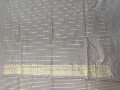 Faishana Pure Handloom Grey Saree with Swastik Gold and Silver Booti Kadhwa Zari Border and Grey Blouse