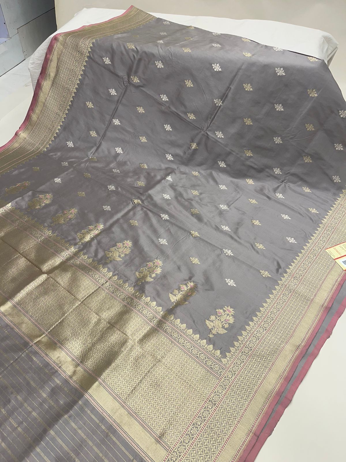 Faishana Pure Handloom Grey Saree with Swastik Gold and Silver Booti Kadhwa Zari Border and Grey Blouse