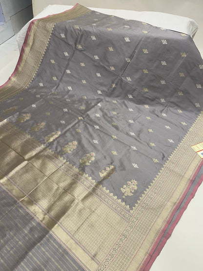 Faishana Pure Handloom Grey Saree with Swastik Gold and Silver Booti Kadhwa Zari Border and Grey Blouse