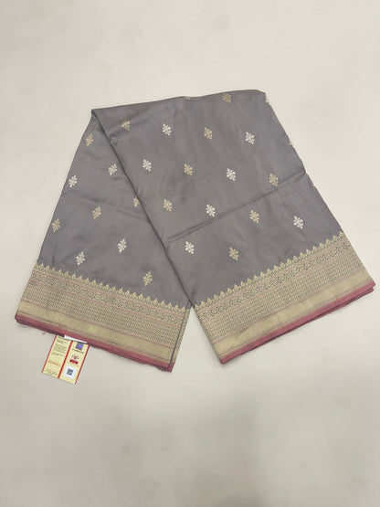 Faishana Pure Handloom Grey Saree with Swastik Gold and Silver Booti Kadhwa Zari Border and Grey Blouse