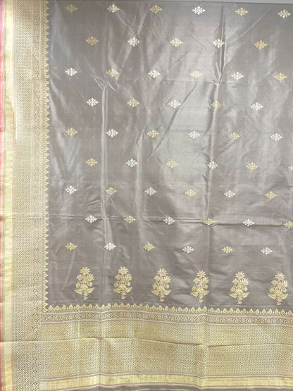 Faishana Pure Handloom Grey Saree with Swastik Gold and Silver Booti Kadhwa Zari Border and Grey Blouse